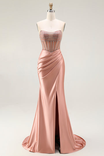 Mermaid Corset Beaded Strapless Blush Long Prom Dress With Slit